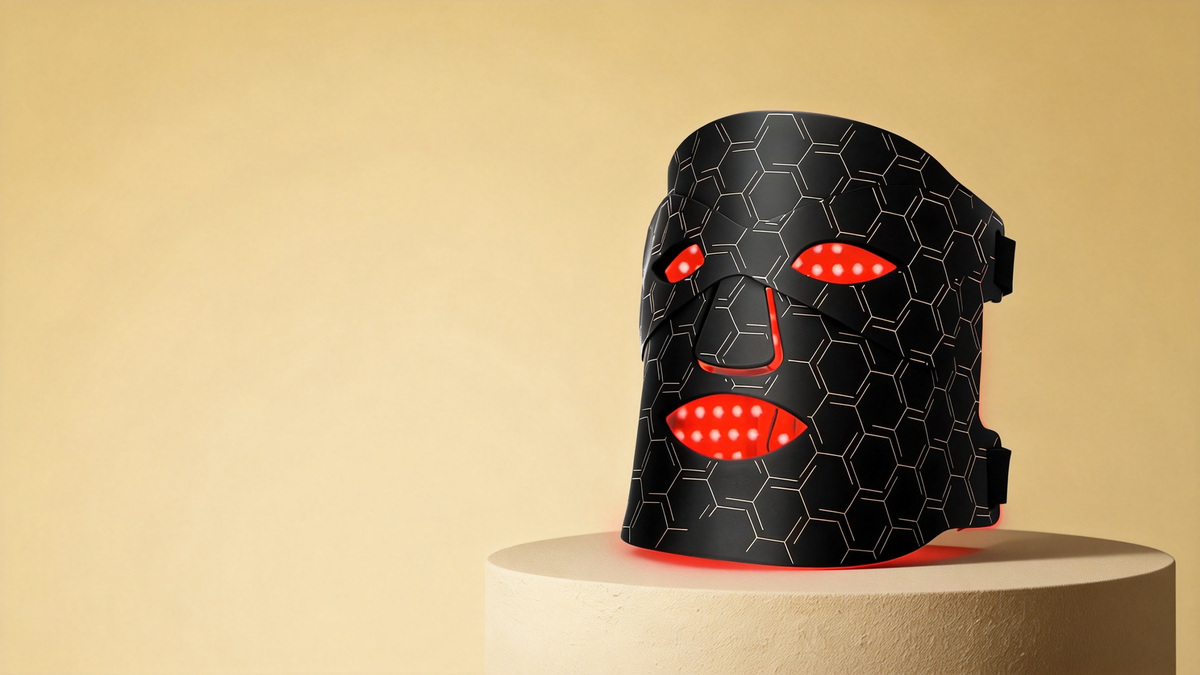 Photira FDA-cleared LED light therapy face mask with red light on
