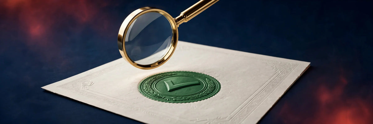 Magnifying glass verifying an FDA 510(k) clearance document with a checkmark seal