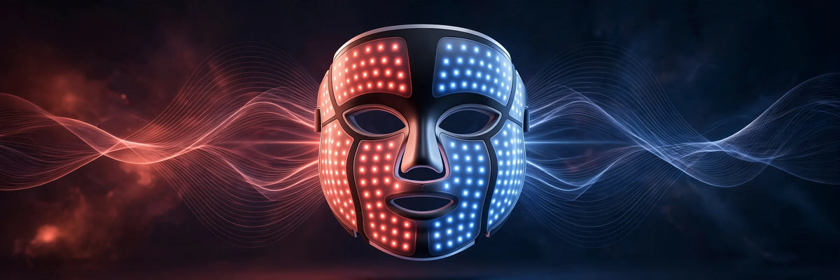 LED mask glowing red and blue showing 630nm 850nm 465nm wavelengths