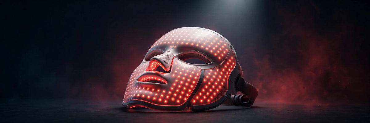 Photira LED light therapy mask under spotlight