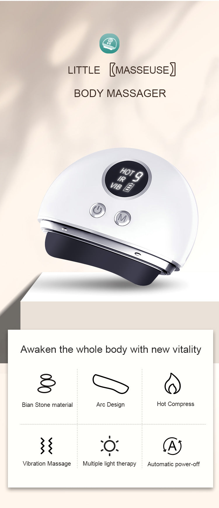 Photira Bian Stone Gua Sha Massager – feature highlights: Bian stone, arc design, heat, vibration, LED, auto shut-off