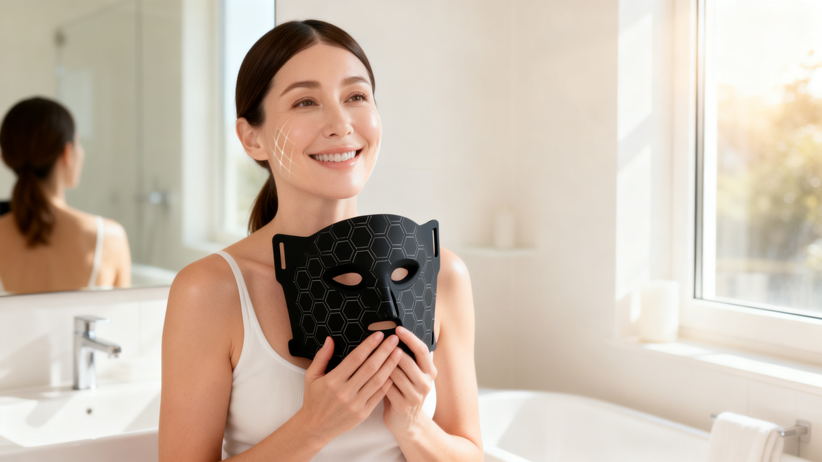 Smiling woman holding the Photira LED face mask at home