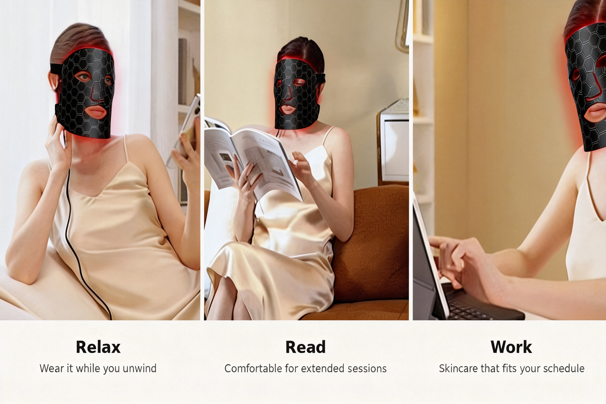 Photira LED Light Therapy Face Mask – lifestyle scenes showing hands-free use while relaxing, reading, and working