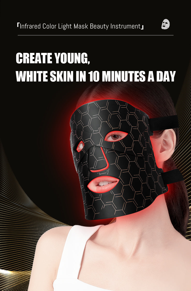 Photira LED face mask lit up in red light therapy mode